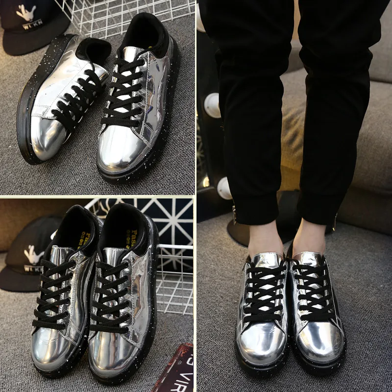 Hot Sale Silver Mirror Shoes Men Casual Shoes Luxury Hip Hop Bar Streetwear Glossy Mirrors Sneakers Men Flats zapatillas hombre