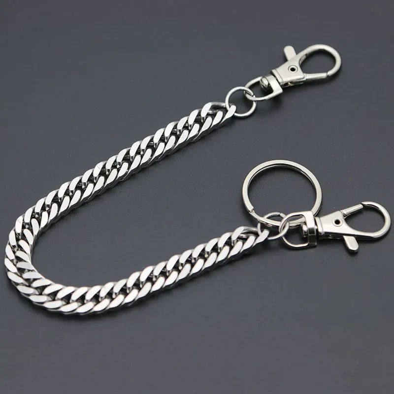 Long Metal Wallet Chain Leash Pant Jean Keychain Ring Clip Men\'s Hip Hop Flat Stainless Steel Necklace Jewelry