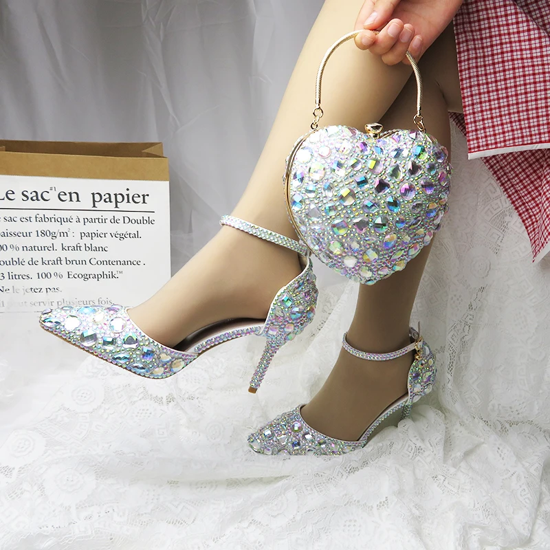 AB crystal royal blue Fucshia Heart handbags and shoes woman Luxury Wedding shoes Ankle strap Ladies Party shoe female