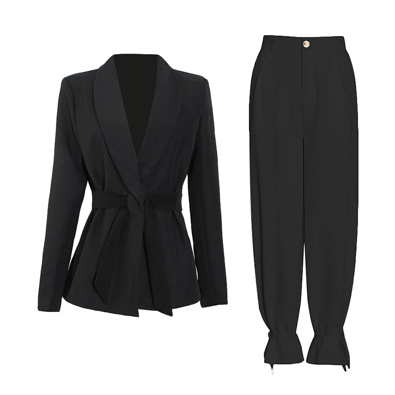 VGH Casual Solid Trouser Suit Female Notched Long Sleeve Tunic Blazer High Waist Wide Leg Pants Women\'s Suit 2021 Spring Fashion