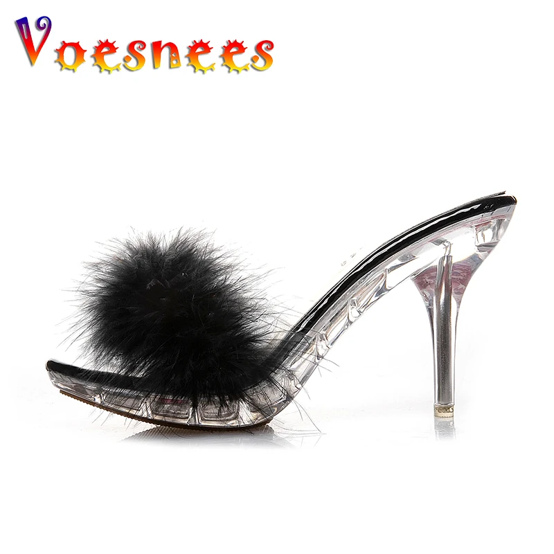 Voesnees 2021 Summer women's slippers with fur Crystal Slippers 9 cm High Heel Fish Mouth Clear Fine Heel Female Shoes Black