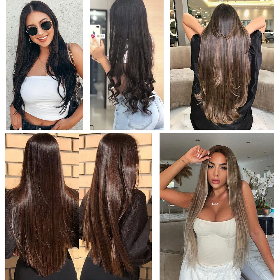 MERISIHAIR 32 Pulgadas Extensiones de Cabello Sintéticas Una Pieza 5 Clips Largo Lacio Fibra de Alta Temperatura Negro Marrón Postizo 2