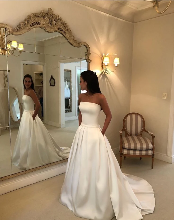 

Simple Boho A-line Wedding Dresses Strapless Satin Draped Bridal Dress Bow Sashes Vestidos De Noiva Bride Dresses