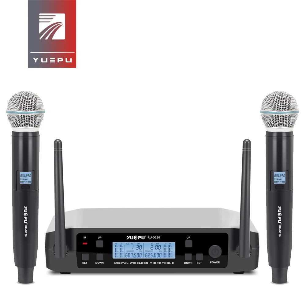 YUEPU RU-D220 UHF Handheld Karaoke Microphone Wireless Professional System 2 Channel Frequency Adjustable Cordless For Church