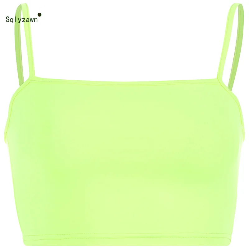 Fluorescent Green Pink Spaghtetti Strap Crop Tops Summer Harajuku Solid Slash Neck Camis Women Sexy Slim Neon Streetwear Mujer