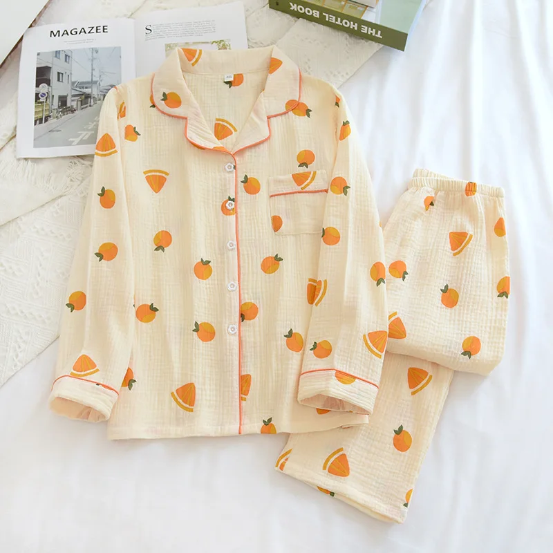 

Japanese spring and autumn new ladies cotton crepe cloth long-sleeved trousers pajamas large size loose home service suit summer