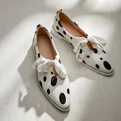 Big Size 43 Soft Horsehair Pointed Toe Women Flats Polka Dot Women Shoe Flat Heel Lace-Up Spring Autumn Casual Loafer Shoes