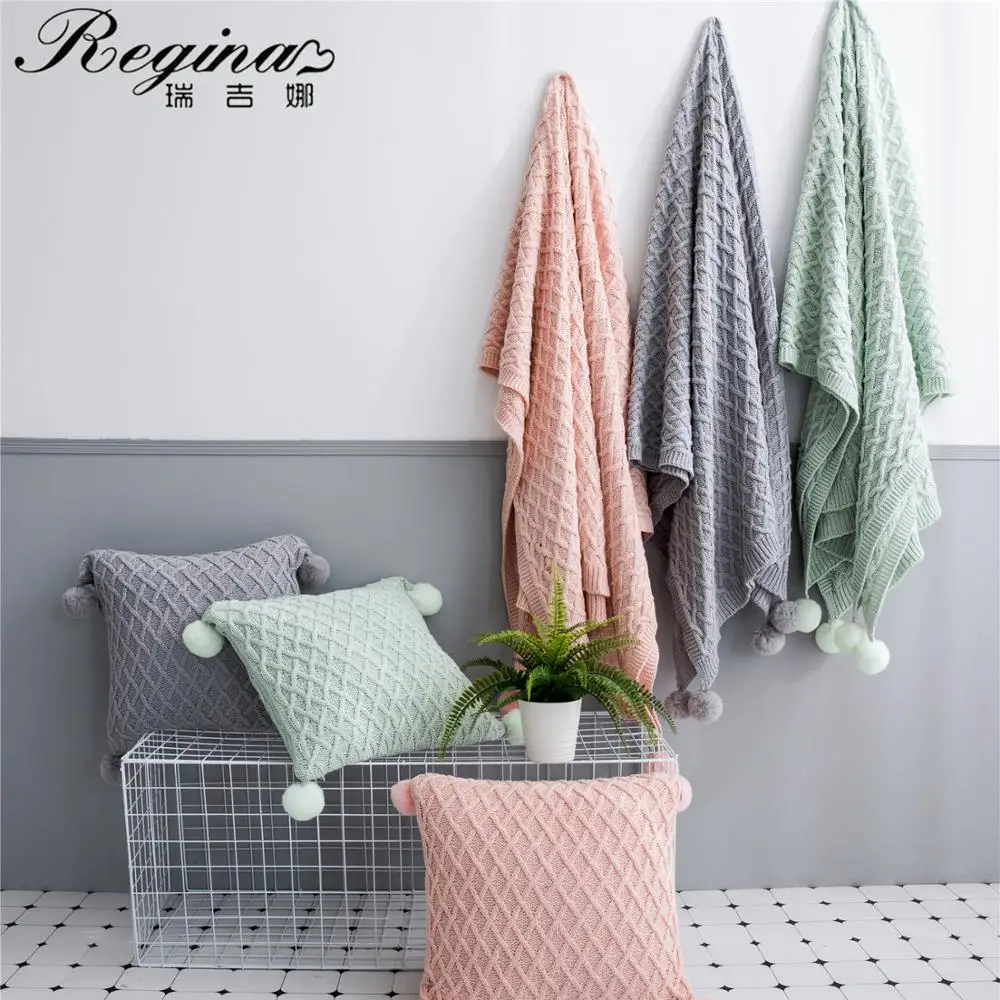 REGINA Blending Knitted Throw Blanket Pink Light Green Gray Home Decor Pompom Stripe Plaid Soft Sofa Bed Air Conditioned Blanket