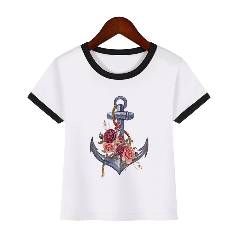 Vintage flower anchor print tee shirt summer children's clothes girl t-shirt top white short sleeve camisetas lovely t shirt