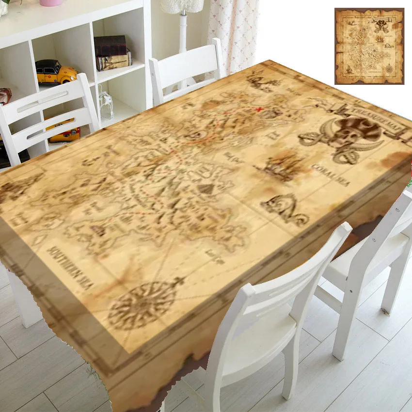 Antique Old Pirate Map Tablecloths for Rectangle Table Cover Medieval Compass Vintage Table Cloths Home Decoration Waterproof