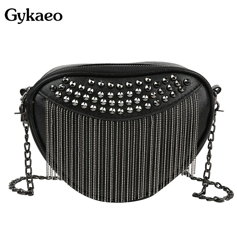 Punk Style Black Shoulder Bag Lady Fashion Chains Rivet Crossbody Bags for Women Small Tassel Messenger Bags Female Clutch Purse