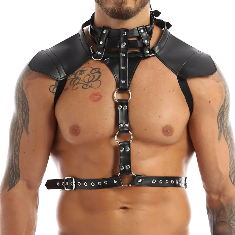 

Mens Body Chest Harness Belt Faux Leather Halter Neck Adjustable Buckles with O-rings Fancy Costume Muscle Sexy Clubwear Straps