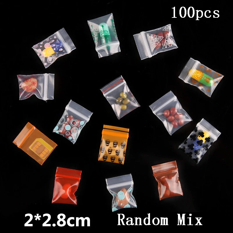 100pcs Random Mix Ziplock Pill Jewelry Packaging Plastic Pouches Mini Cute Zip lock Bags Plastic Packaging Bags Thick 0.24mm