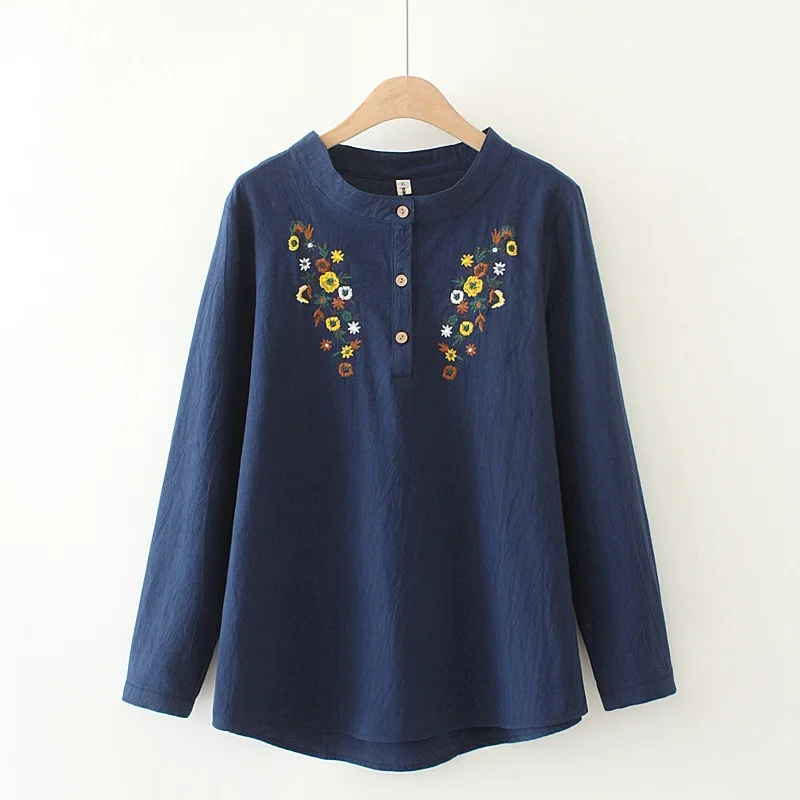 Autumn Women Shirts Ladies Chest Embroidery Tops Female Long Sleeve Blouses COTTON&LINEN Loose Plus Size Clothing F32 F195