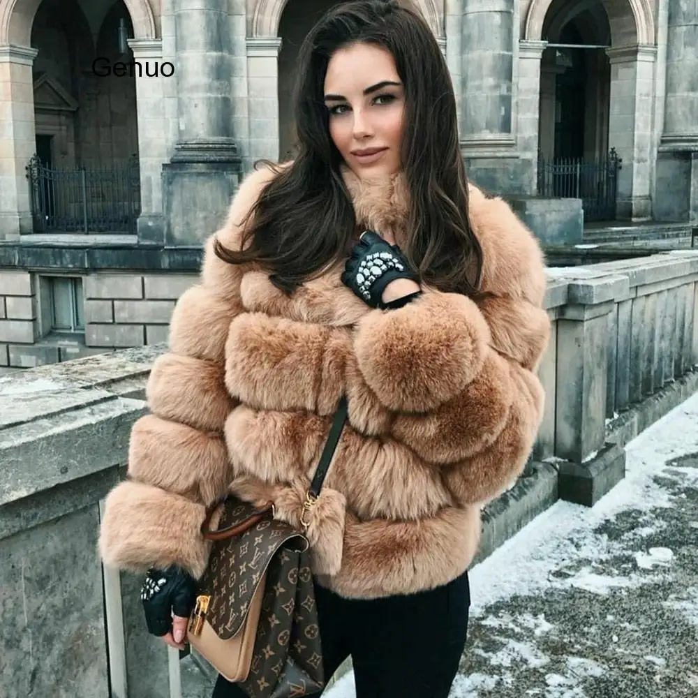 Faux Fox Fur Coat with Fur Collar Women Fake Fox Fur Outwear Warm Coat Pelt Fur Female Jacket Fur Fluffy Luxury Womans Overcoat