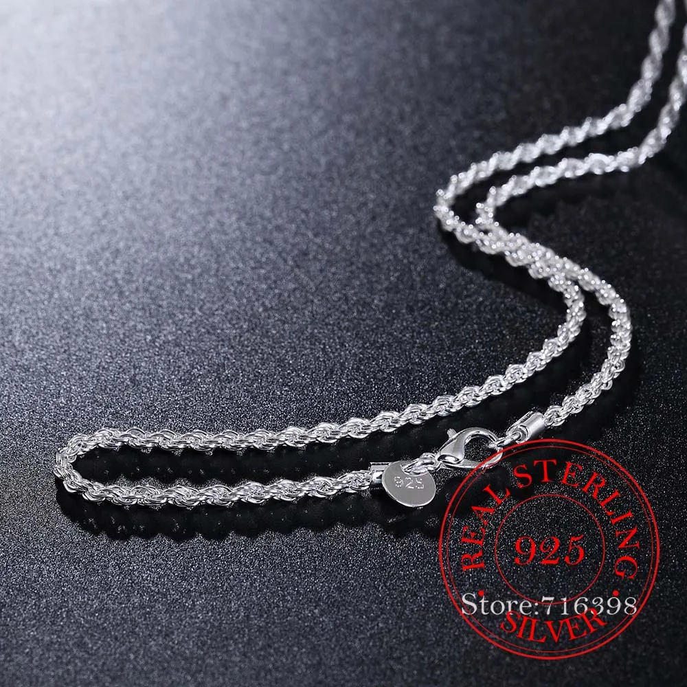 Real 100% 925 Sterling Silver Men\'s Fine Jewelry 3mm Twisted Rope Chain Necklace For Women 16-30inch Charm Necklaces Collar