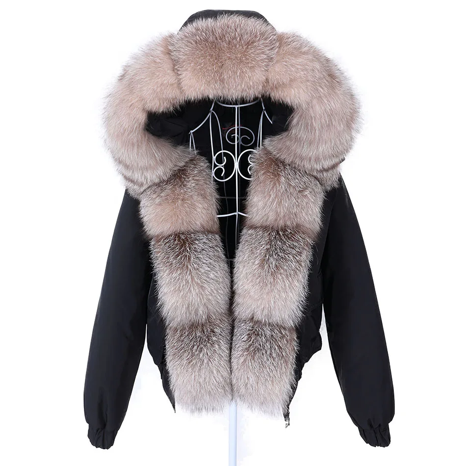 

MAOMAOKONG 2024 Fashion Short Women's Real Fox Fur Coat Natural Big Raccoon Fur Collar Winter Parka Bomber Jacket Waterproof