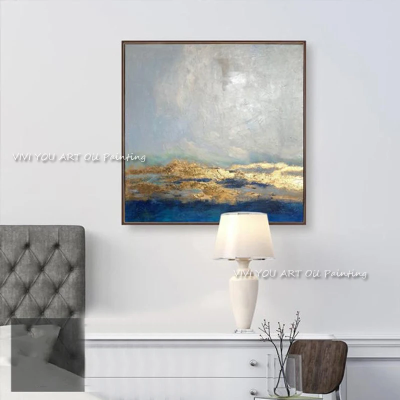 Handmade Gradient Blue Sea Gold Leaf Canvas Art, Hand Painted Abstract Horizon Oil Painting, Wabi Sabi Bedroom Decor