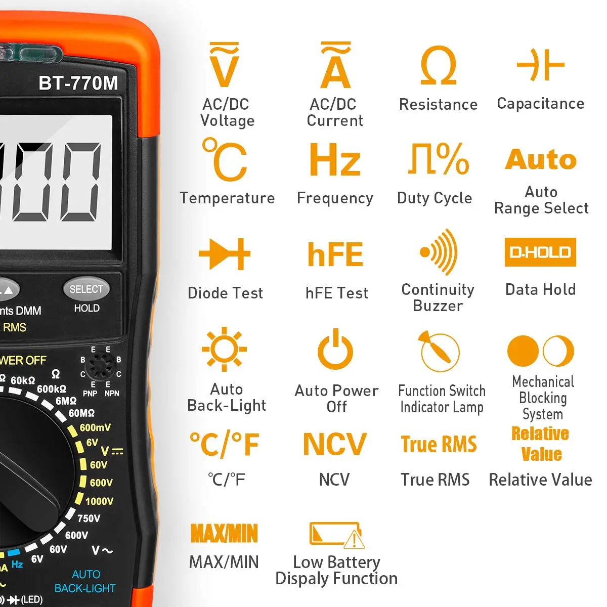 BT-770M cyfrowy multimetr TRMS 6000 zlicza Auto/ręczny Tester dla AC/DC Volt/Amp, Ohm pojemność częstotliwość ciągłość NCV