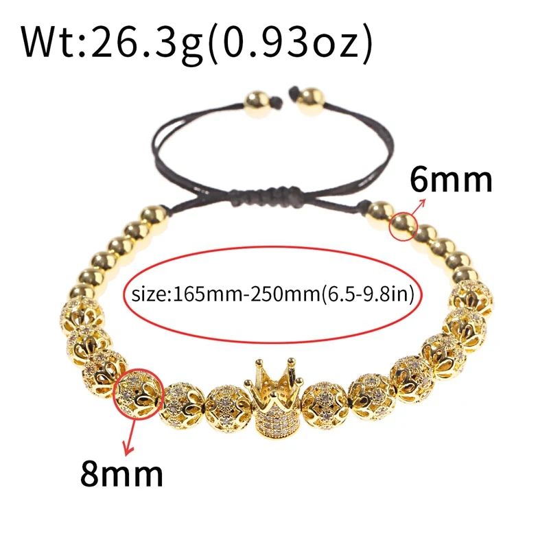 Luxury White CZ Crown Braided Bracelet Fashion Gold Color Carved Flower Copper Beads Bracelet Pulseira Masculina