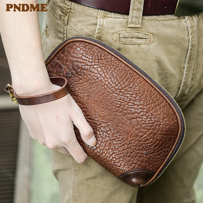 

PNDME vintage luxury genuine leather men's clutch bag fashion casual high quality natural real cowhide youth phone tablet wallet