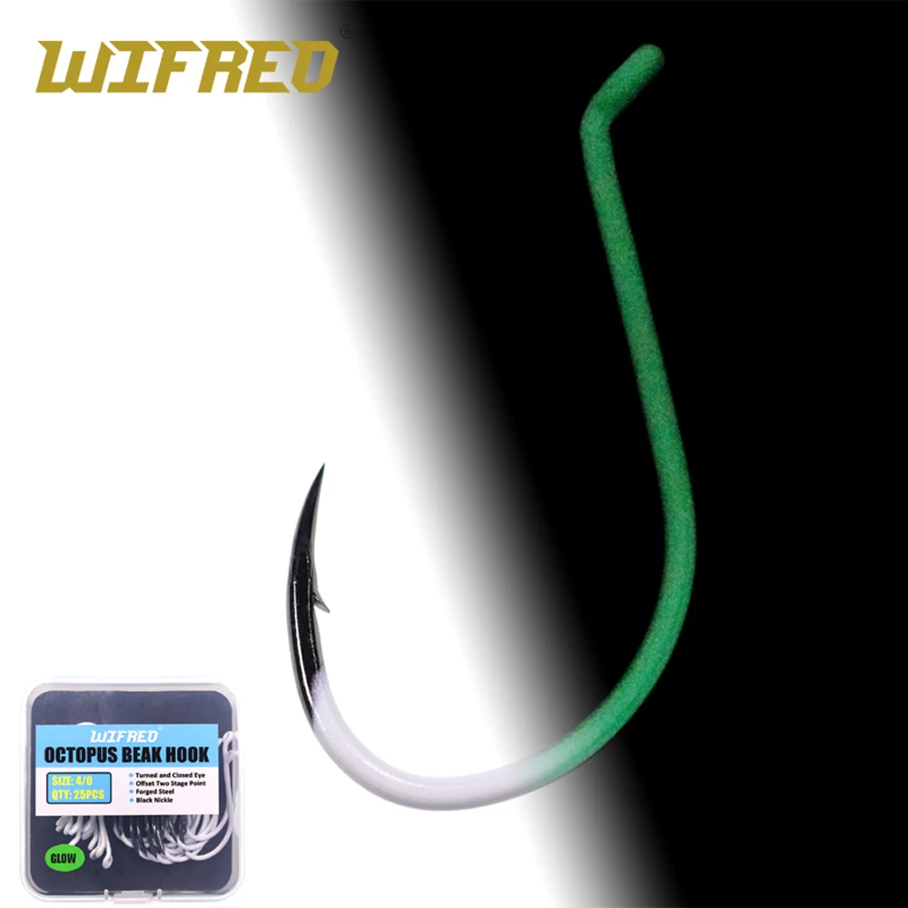 Wifreo 25PCS Saltwater Luminous Fishing Hooks Glow in the Dark Octopus Beak Hook size 3/0 ~ 7/0 High Carbon Steel Circle Hook