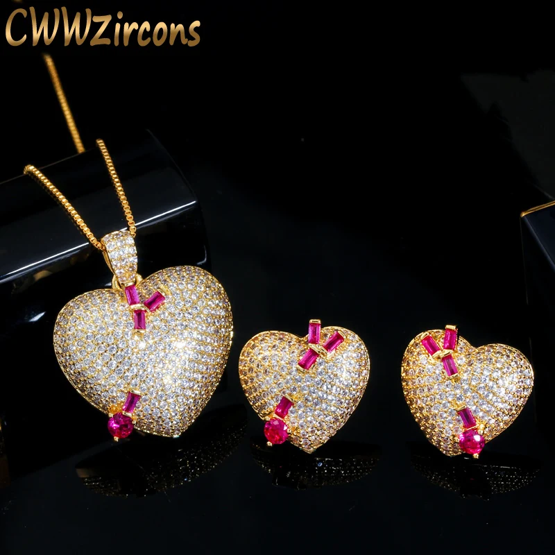 CWWZircons Micro Pave Cubic Zirconia Stone Gold Color Love Heart Pendant Necklace Earrings Fashion Ladies Jewelry Sets Gift T380