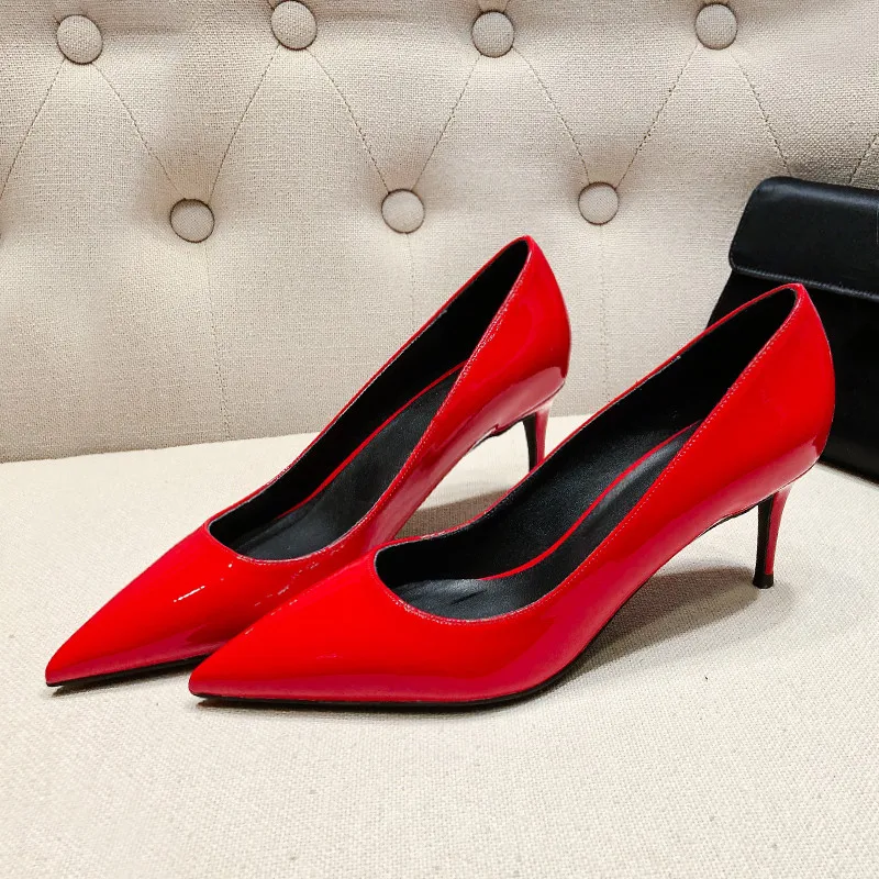 New Spring Autumn Classic Women Genuine Patent Leather Office Pumps Thin High Heels Red Nude Sliver Work Wedding Shoes Lady B002