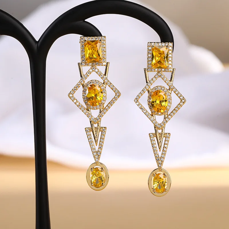 EYER Temperament Gold Color and Yellow Crystal Cubic Zirconia Dangle Drop Hollow Earrings For Women Wedding Elegant Jewelry Gift