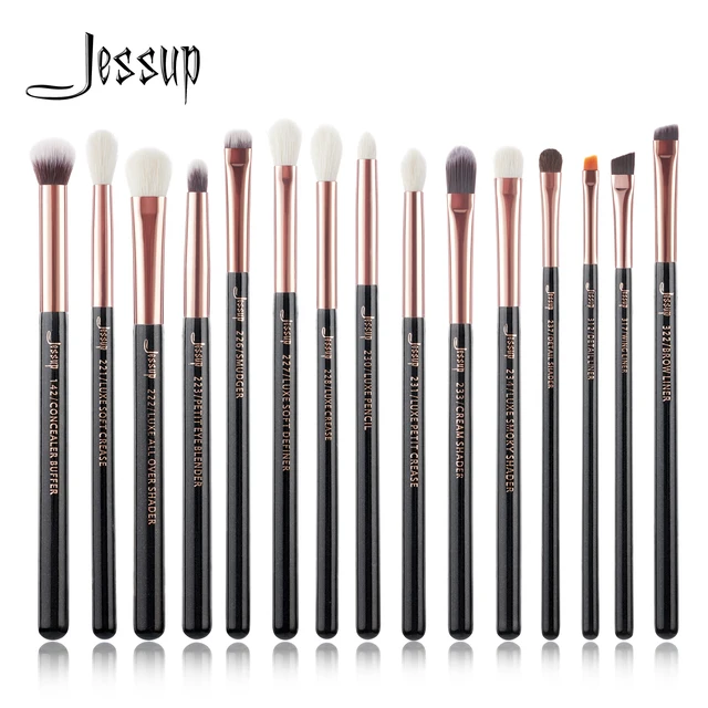 Zestaw pędzli do makijażu Jessup 15 sztuk narzędzia pędzle do makijażu zestaw eyeliner Shader naturalne-syntetyczne włosy różowe złoto/czarny T157