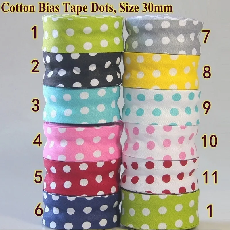 3cm Width Bias Binding Tape 100% Cotton Folded Cloth Dots Printed, Big White Spots, for DIY Sewing, 30mm x 5m