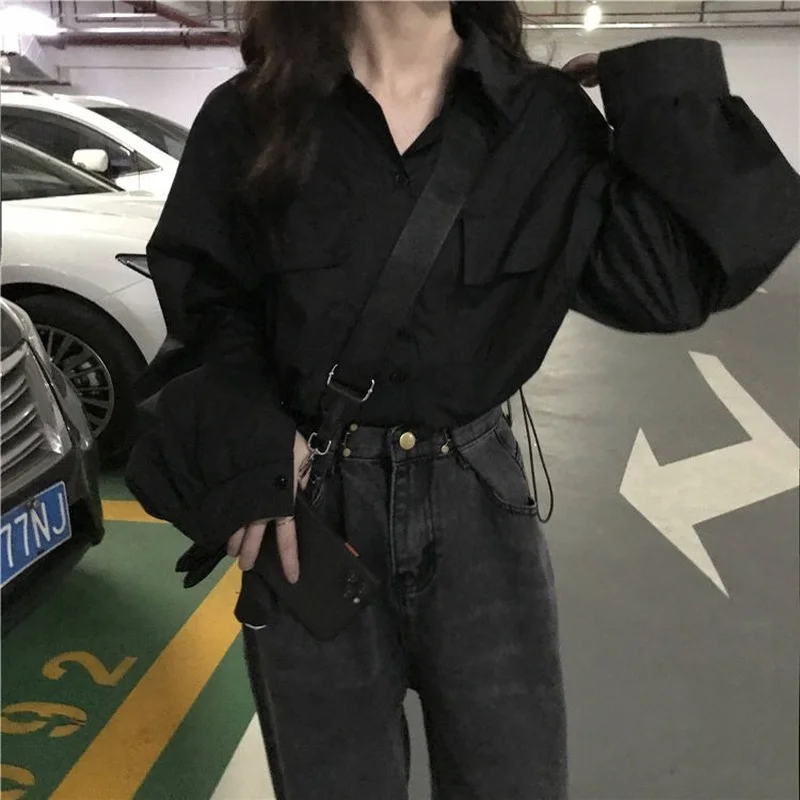 Shirts Women Solid Black Streetwear Harajuku Cropped Blouses All-match Korean Fashion Single Breasted Long Sleeve Outwear Mujer