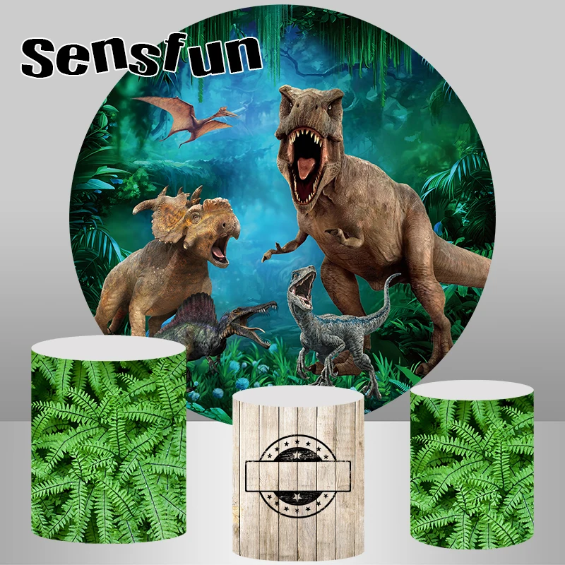 Sensfun Round Circle Jurassic Dinosaur Party Photography Backdrop Kids Safari Jungle Forest Birthday Background Plinth Covers