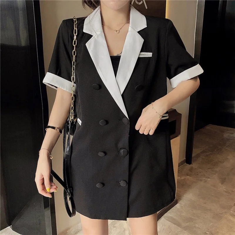 

Short Women Sleeve Double Breasted Suit Jacket Colors Mixed Loose Fit Mid Long Coat Elegant Office Ladies Summer Outwear Tops