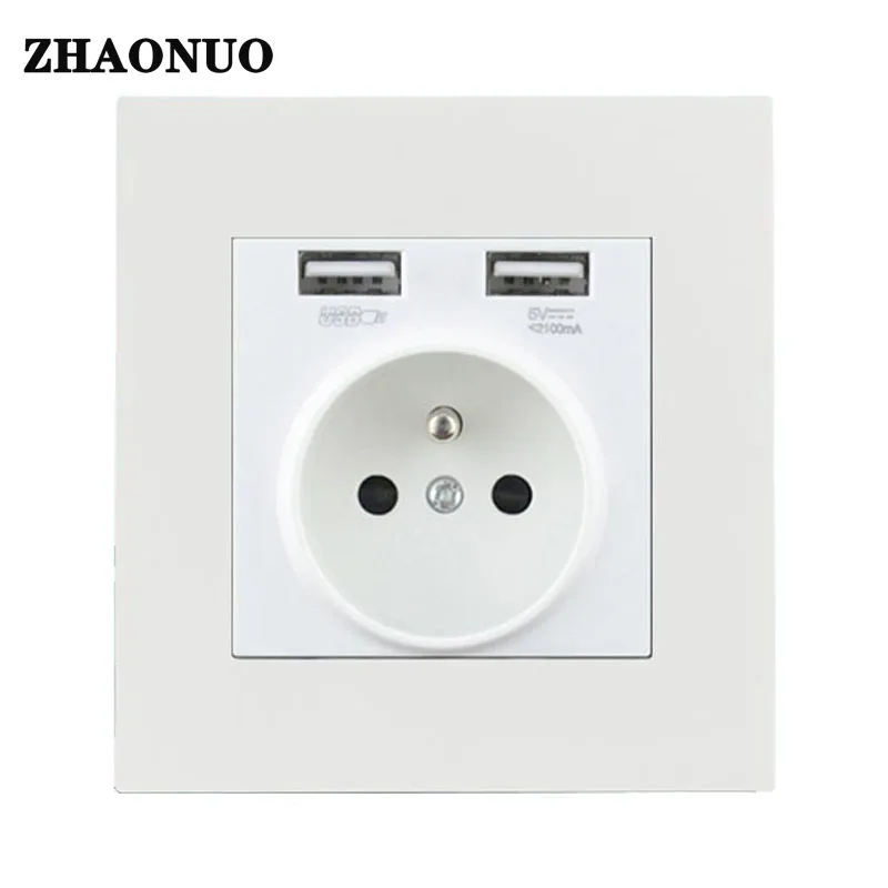 French Standard Wall Socket With USB Ports Stainless Steel Panel Power USB Outlet 5V 2100mA for Home Improvement