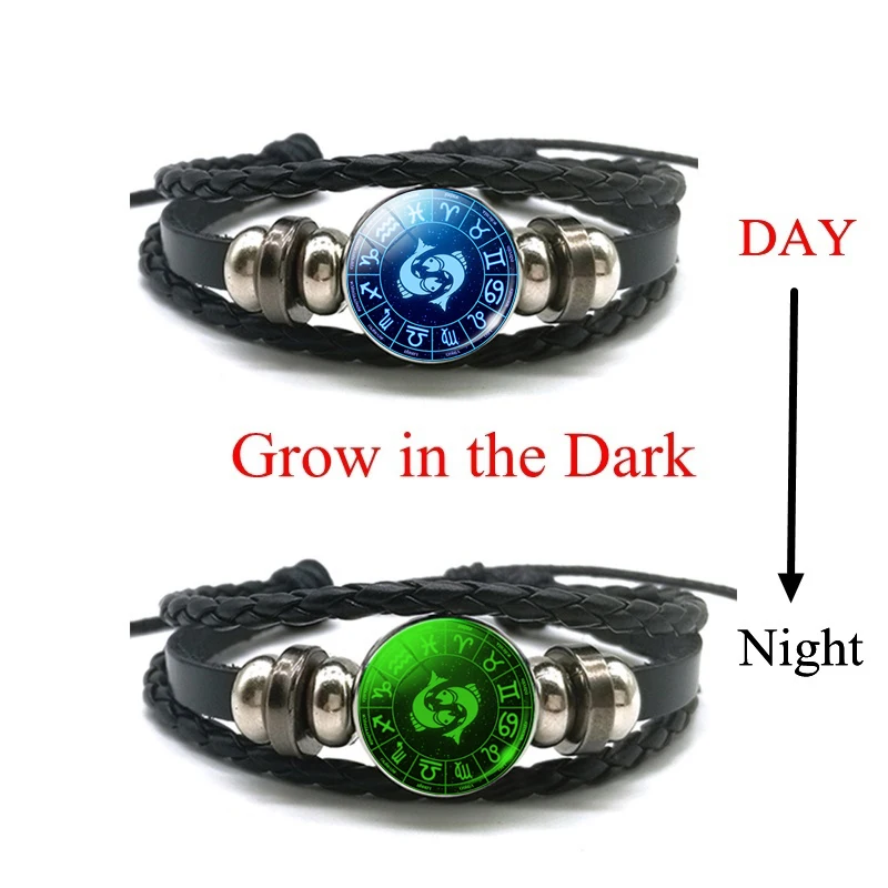 Luminous 12 Constellations Woven Leather Bracelet Glass Cabochon Leo Virgo Libra Zodiac Jewelry Bangle Bracelet Women Men Gifts