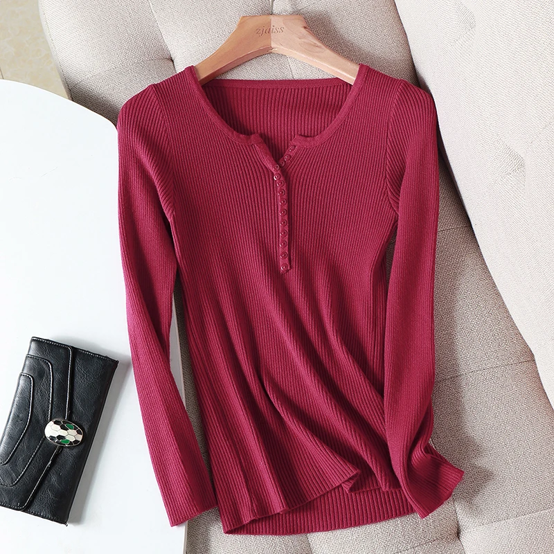 AOSSVIAO Autumn Winter Button V Neck Sweater Women Basic Slim Knitted Pullover Women Sweaters Knitted Jumper Ladies Tops