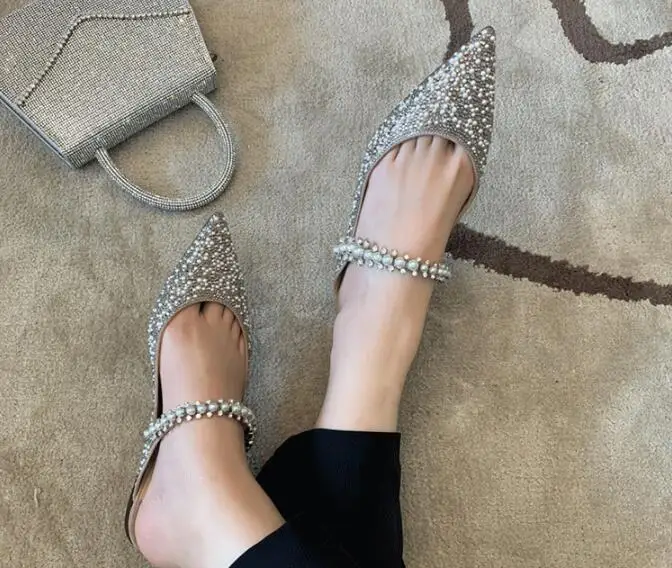 New Girls Beige Nude Burgundy Black Patent Leather Crystal Bling Slippers Woman Flats 6 cm Thin Heels Pointed Toe Slip On Slides