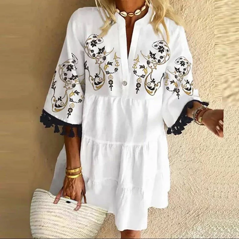 Casual Mini Dress Woman V Neck Summer Dress 2023 Vintage Print Patchwork Loose Beach Dress Ladies Party Dresses