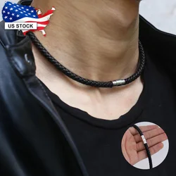 4/6/8 mm Black Brown Man-made Leather Necklace Choker Braided Cord Rope Link Chain Silver Color Stainless Steel Clasp LUN48