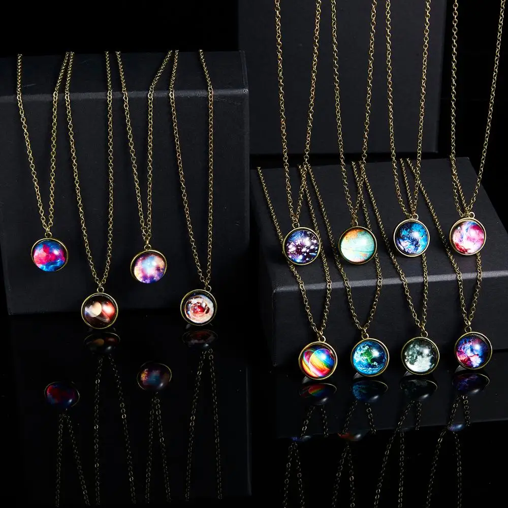 12 Color Galaxy Double Sided Pendant Necklace Glow in the Dark Glass Ball Art Picture Universe Planet Jewelry Gift for Women Men