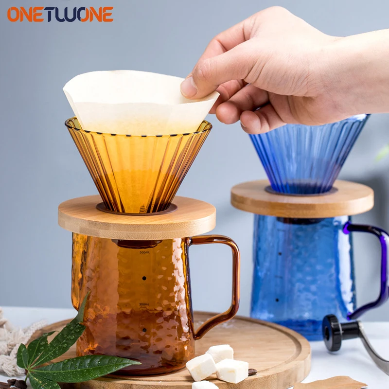 Glass Coffee Dripper,Solid wood Base,Pour Over Coffee Maker with Reusable Filter,for Home Cafe Reusable Coffee Accessories