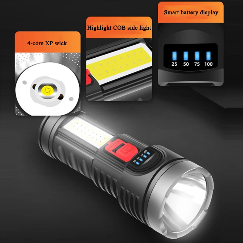 High Power Four-cell LED Flashlight USB Rechargeable Powerful LED Flashlight Camping Super Bright Flashlight 4-core COB Light