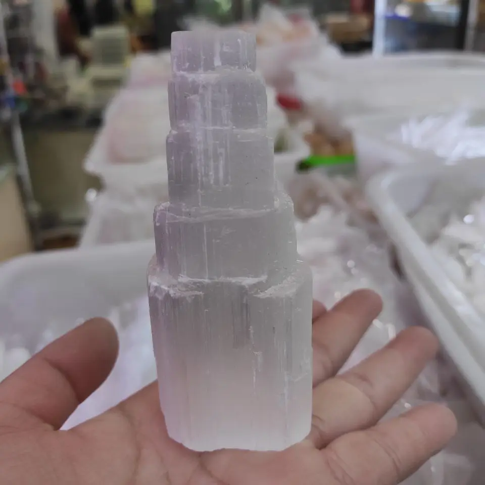 1PCS 100% Selenite 100mm Decoration White Gypsum Skyscraper Castle Towers Gypsum Crystal Point Reiki Healing