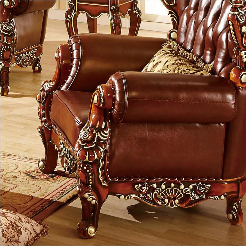 high quality  European  antique living room sofa furniture genuine leather set p10301