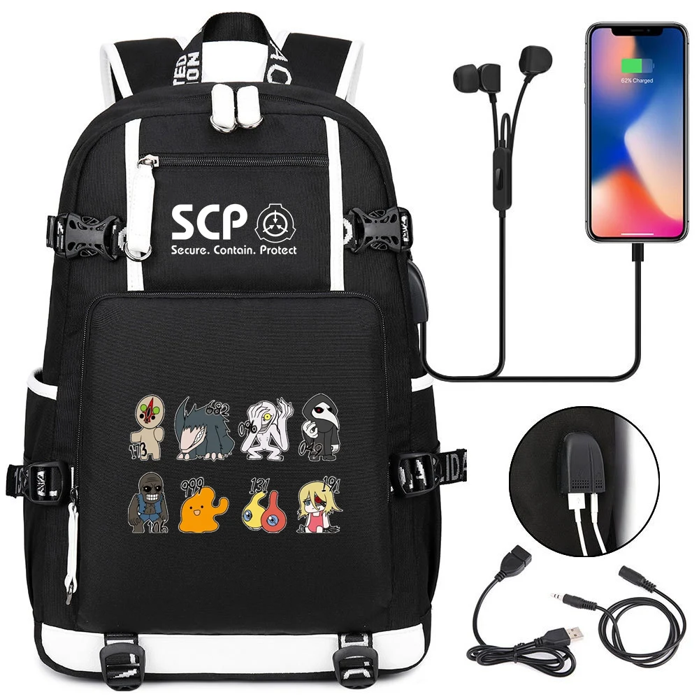 Imagem -03 - Scp Base-mochila Escolar Preta para Livros Bolsas de Viagem para Crianças Adolescentes Usb Mochila de Ombro para Laptop