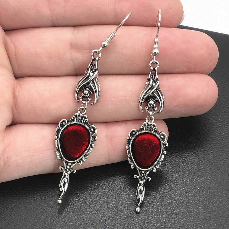 Boucles d\'oreilles pendantes miroir magique chauve-souris vampire, vintage, gothique, punk, recruté, grunge, goblincore, emo, accessoires