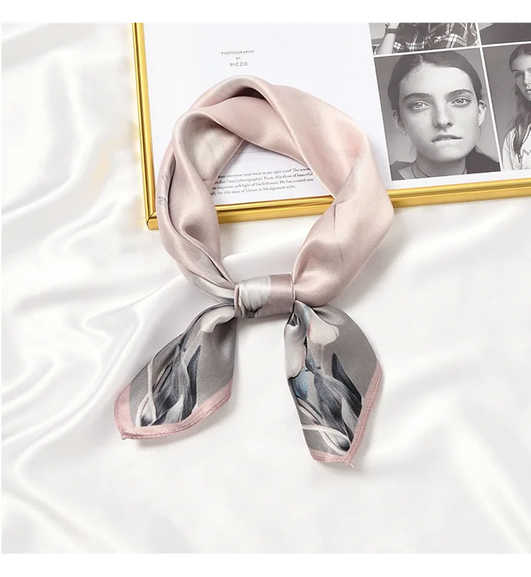 2021 Small Silk Hair Scarf Women Foulard Neck Wrap 53cm Square Kerchief Soft Bandana Tulip Print Lady Head Band Scarves Tie