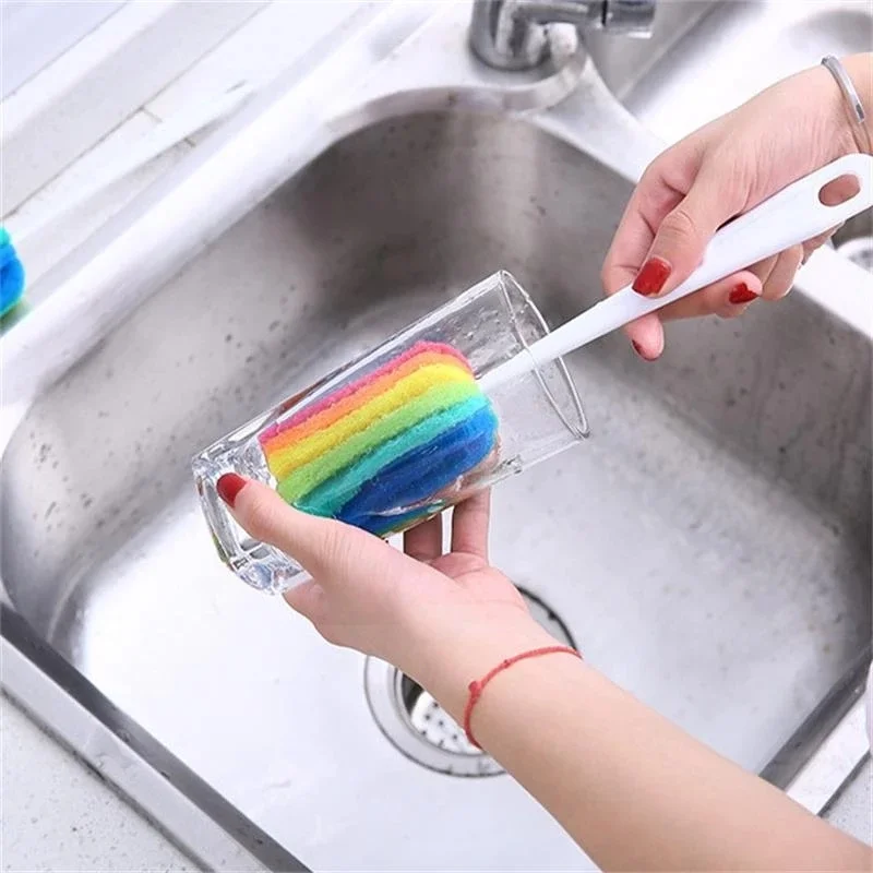 Long Handle Sponge Brush Washing Dishes Tea Coffee Glass Cup Bottle Household Cleaning Tool Rainbow Scouring Cloth Cup Brush