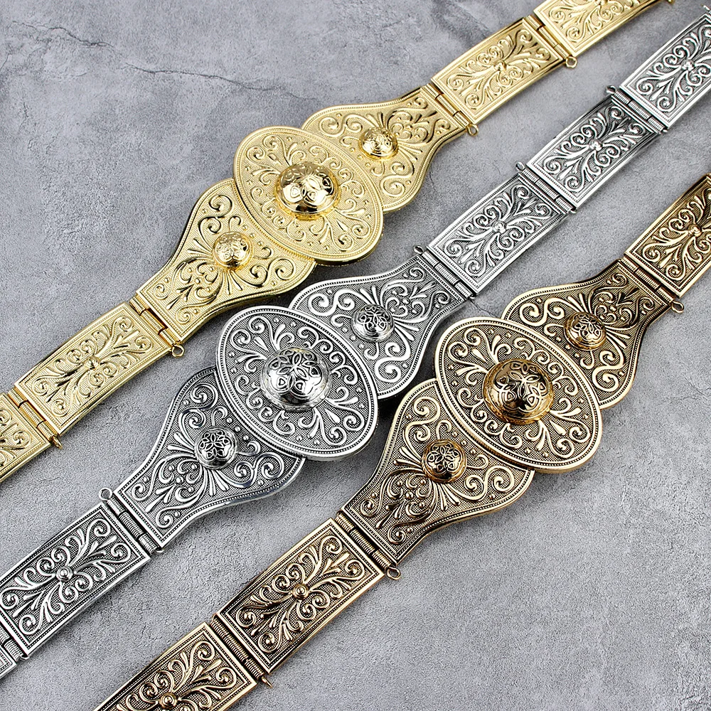 Sunspicems Metal Robe Caftan Belt for Women Waist Belt Chain Adjustable Length Emboss Flower Wedding Jewelry Caucasus Waistband